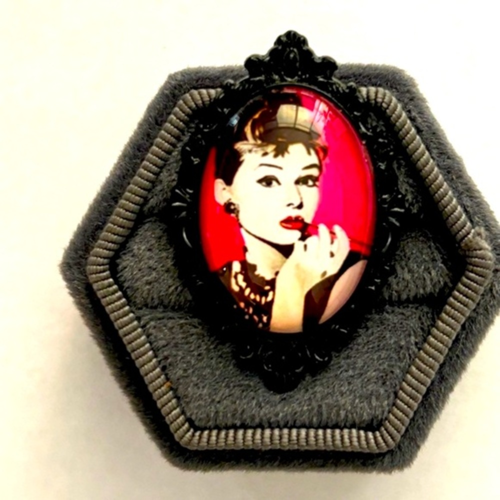 Black and Pink Audrey Hepburn Pop Art Print Adjustable Ring, Handmade, NWT
